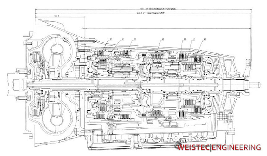 Pencil Drawing Schematic of Mercedes 772.9 Transmission